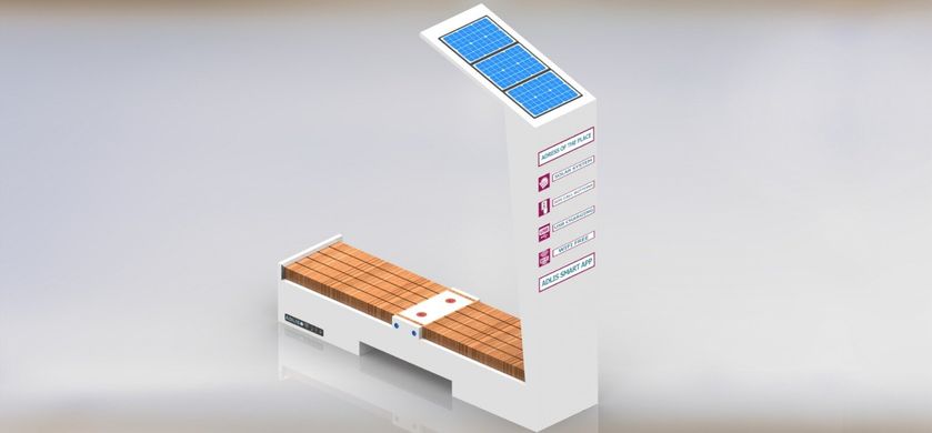 Парковая скамейка со встроенной солнечной батареей и LED экраном для рекламы, беспроводной зарядкой для телефонов Qi, USB, Wi-Fi и LED подсветкой SMART EKO CITY Model SC35