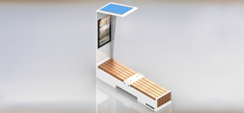 Паркова лавочка з вбудованою сонячною батареєю та LED екраном для реклами, бездротовою зарядкою для телефонів Qi, USB, Wi-Fi та LED підсвіткою SMART EKO CITY Model SC35